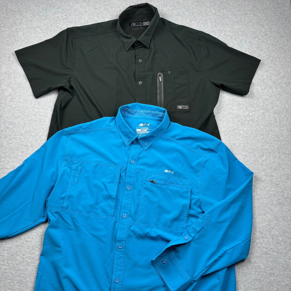 Mens Fintech & Silver Bait Fishing Shirts Bundle XL Green Short Blue Long Sleeve